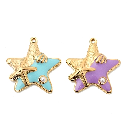 304 нержавеющей стальной эмали подвески, прелести морская звезда, с abs имитационными жемчужными бусинами , ионное покрытие (ip), реальный 18 k позолоченный