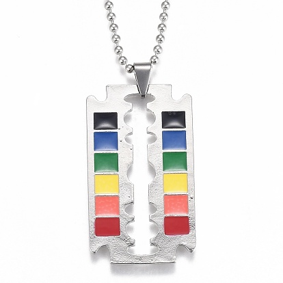 Rainbow Alloy Blade Pendant Necklaces, with 304 Stainless Steel Ball Chains and Epoxy, Colorful