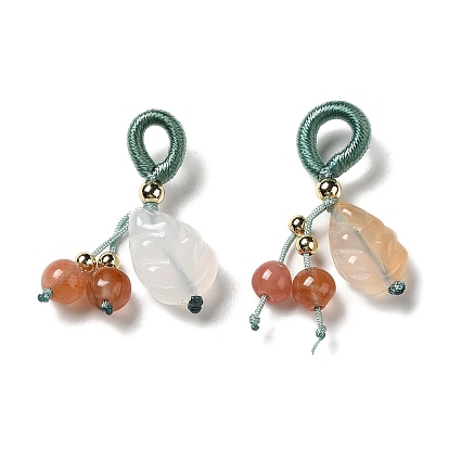 Natural Jade Pendants, Leaf Charms with Round Natural Agate Cord Tassel