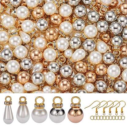 Kit de fabricación de aretes colgantes de perla de imitación de bricolaje, Incluye colgante redondo de latón con diamantes de imitación y perla de imitación ABS., anillo de salto de hierro, Ganchos del pendientes de latón