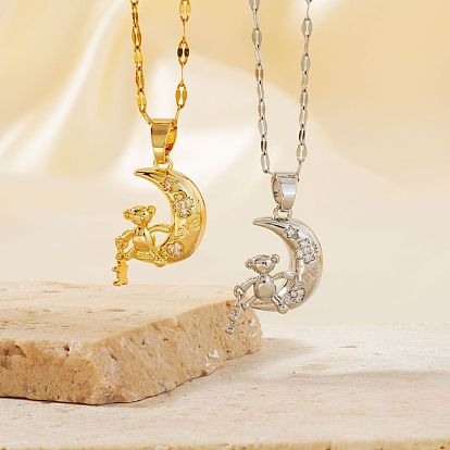Милые латунные подвески в виде медведя и луны с блестящими кубическими цирконами для женщин