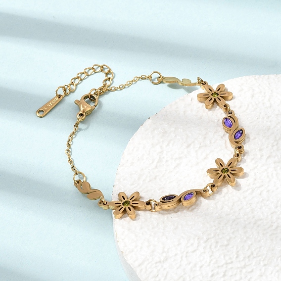304 Stainless Steel Rhinestone Flower Leaf Link Chain Bracelets, Ion Plating(IP), Golden