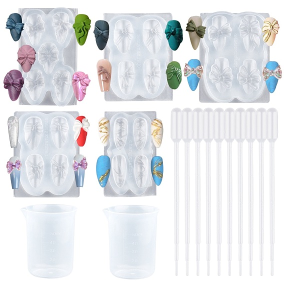 Silicone Carved Molds, Nail Art Templates Bowknot Molds, for UV Resin, Epoxy Resin Nail Art Accessories, with Plastic Transfer Pipettes & Measuring Cup