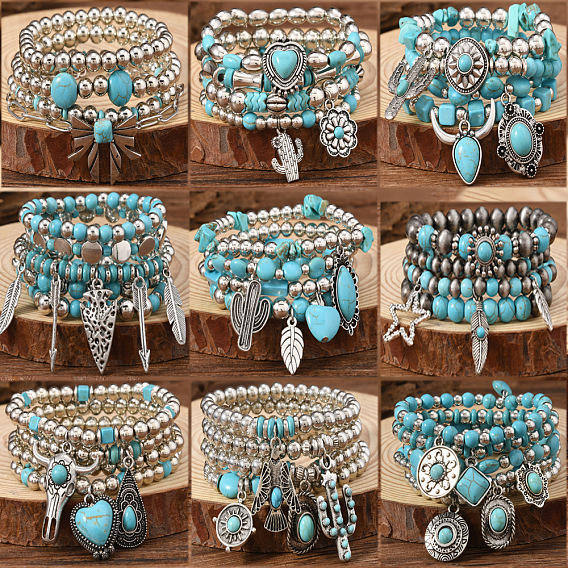 Браслеты из синтетической бирюзы, бусин CCB, дерева и полимерной глины, наборы браслетов с подвесками из сплава для женщин