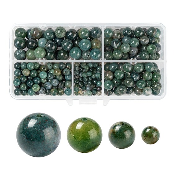 340Pcs 4 Style Natural Moss Agate Beads, Round