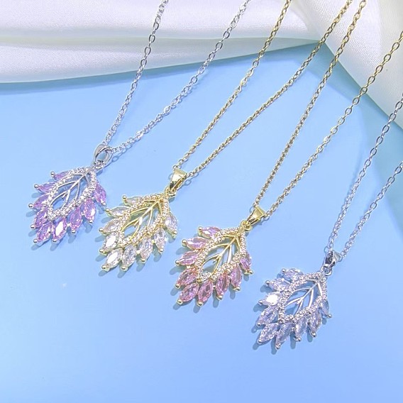 Brass Pave Clear Cubic Zirconia Leaf Pendant 201 Stainless Steel Cable Chain Necklaces for Women, Ion Plating(IP), Real 18K Gold Plated