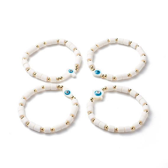 Handmade Polymer Clay Beads Stretch Bracelets, with Brass Spacer Beads and Shell Beads, Mixed Shape with Evil Eye
