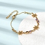 304 Stainless Steel Rhinestone Flower Leaf Link Chain Bracelets, Ion Plating(IP), Golden