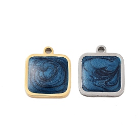 Ion Plating(IP) 304 Stainless Steel Enamel Charms, Square Charm, Marine Blue