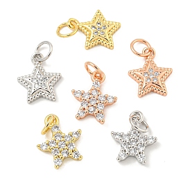 Rack Plating Brass Micro Pave Clear Cubic Zirconia Pendants, Long-Lasting Plated, with Jump Rings, Lead Free & Cadmium Free, Star