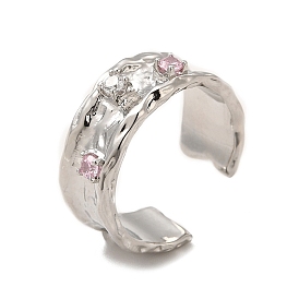 Pink Cubic Zirconia Diamond Open Cuff Ring, Rack Plating Brass Jewelry for Women, Cadmium Free & Lead Free