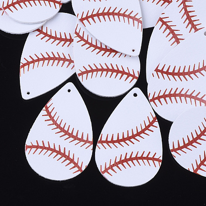 PU Leather Big Pendants, Sports Charms, Single-Sided Baseball Pattern, Teardrop