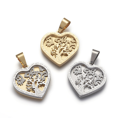 Pendentifs en acier inoxydable, , coeur avec arbre et papillon