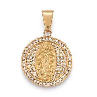 304 Stainless Steel Lady of Guadalupe Pendants, with Crystal Rhinestone, Flat Round with Virgin Mary