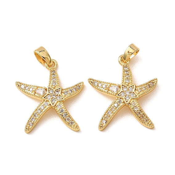 Brass Micro Pave Clear Cubic Zirconia Pendants, Starfish Charms