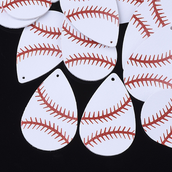 PU Leather Big Pendants, Sports Charms, Single-Sided Baseball Pattern, Teardrop