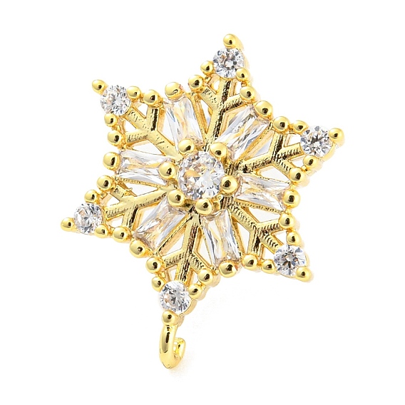 Snowflake Shape Brass Stud Earring Findings, with Clear Cubic Zirconia, with Vertical Loops