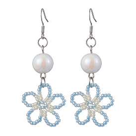 Opaque Acrylic Dangle Earrings, with Woven Glass Pendants and Brass Earring Hooks, Flower