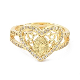 Rosario de corazón real 18 k anillos chapados en oro para niña regalo de mujer, Anillos ajustables de latón pave zirconia cúbica, joyería de religión