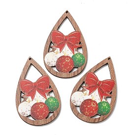 Grands pendentifs en bois imprimé simple face, Breloques de Noël en forme de larme avec nœud papillon