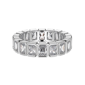 Rhodium Plated 925 Sterling Silver Retangle Finger Ring, Clear Cubic Zirconia Ring for Women
