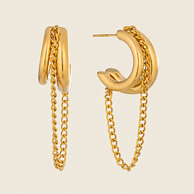 304 Stainless Steel Stud Earrings for Women, with Chains, Half Hoop Earrings