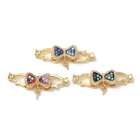 Brass Micro Pave Clear Cubic Zirconia Fold Over Clasps, with Enamel & Shell, Long-Lasting Plated, Lead Free & Cadmium Free, Real 18K Gold Plated, Bowknot