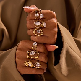 304 Открытые кольца-манжеты из нержавеющей стали с инкрустацией прозрачными кубическими циркониями, золотые