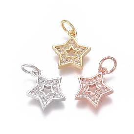 Brass Micro Pave Clear Cubic Zirconia Charms, with Jump Rings, Star