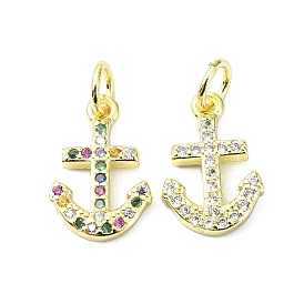 Brass Micro Pave Cubic Zirconia Pendants, with Jump Ring, Real 18K Gold Plated, Anchor Charm