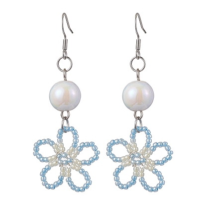 Opaque Acrylic Dangle Earrings, with Woven Glass Pendants and Brass Earring Hooks, Flower
