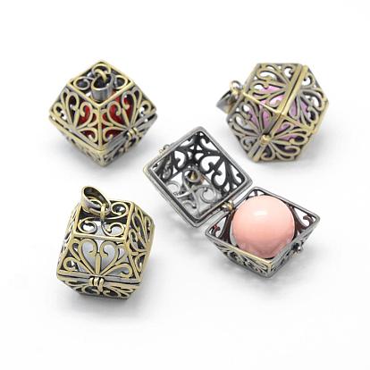 Rack Plating Brass Cage Pendants, Chime Ball Pendants, with Brass Bell Beads, Lead Free & Cadmium Free, Hexagone