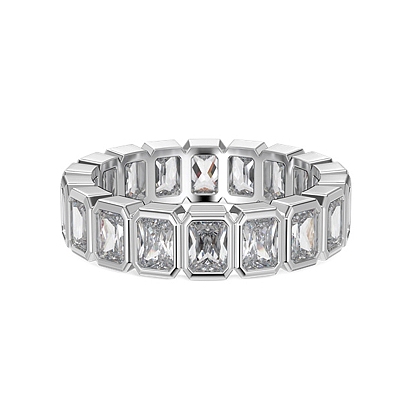 Rhodium Plated 925 Sterling Silver Rectangle Finger Ring, Clear Cubic Zirconia Ring for Women
