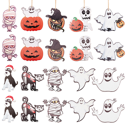 20Pcs 10 Style Natural Wood Big Pendants, for Halloween, Pumpkin & Ghost & Skull & Cat & Dog & Mummy
