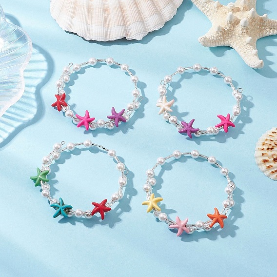 Синтетическая бирюза в виде морской звезды с круглыми бусинами из ракушек и стеклянными бусинами, эластичные браслеты для женщин