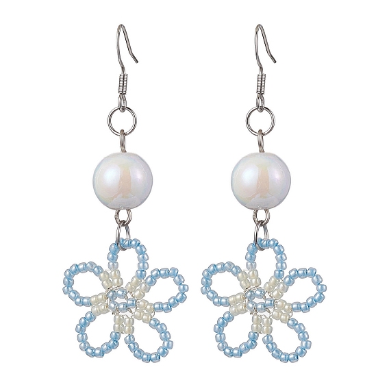 Opaque Acrylic Dangle Earrings, with Woven Glass Pendants and Brass Earring Hooks, Flower