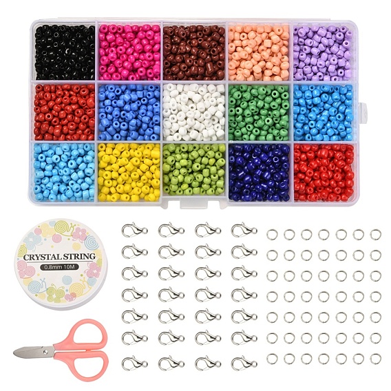 Glass Round Seed Beads, with Elastic Crystal Thread, Stainless Steel Scissors, Alloy Lobster Claw Clasps