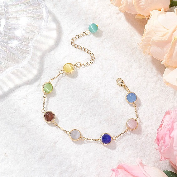 Браслеты из кошачьего глаза и латунных звеньев для женщин, 304 женские браслеты-цепочки из нержавеющей стали, плоско-круглые