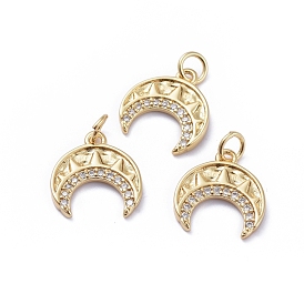 Brass Micro Pave Cubic Zirconia Pendants, with Jump Rings, Long-Lasting Plated, Double Horn/Crescent Moon
