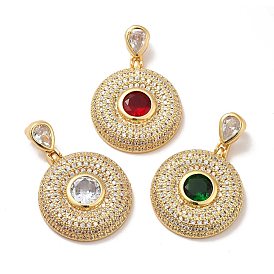Brass Micro Pave Cubic Zirconia Pendants, Long-Lasting Plated, Real 18K Gold Plated, Flat Round