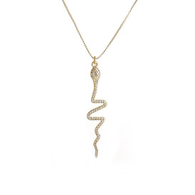 Copper Snake Pendant Necklace with Micro Inlaid Zirconia, Unisex Animal Charm Jewelry