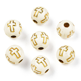 Plating Acrylic Beads, Golden Metal Enlaced, Round with Cross