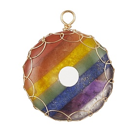 Chakra Gemstone Donut Copper Wire Wrapped Pendants, Natural Mixed Stone Pi Disc Charms, Light Gold