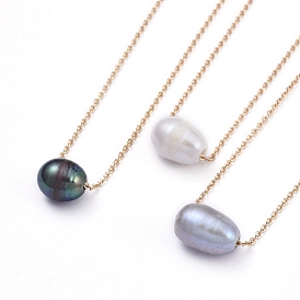Natural Cultured Freshwater Pearl Pendant Necklaces, with Lobster Claw Clasps, Oval, Golden