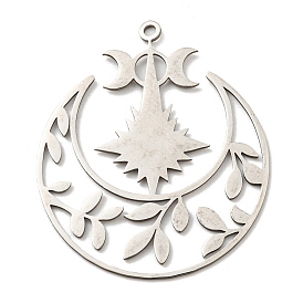 201 Stainless Steel Pendants, Laser Cut, Moon with Star & Leaf Charm