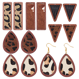 Benecreat 12pcs 6 style gros pendentifs en cuir de vachette écologique, avec du bois teint, imprimé léopard avec larme, rectangle, triangle