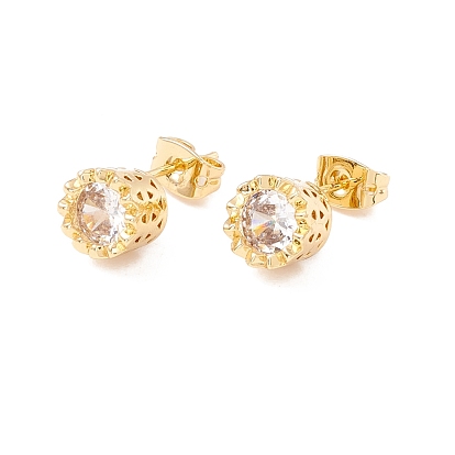 Cubic Zirconia Column Stud Earrings, Real 18K Gold Plated Brass Jewelry for Women, Lead Free & Cadmium Free