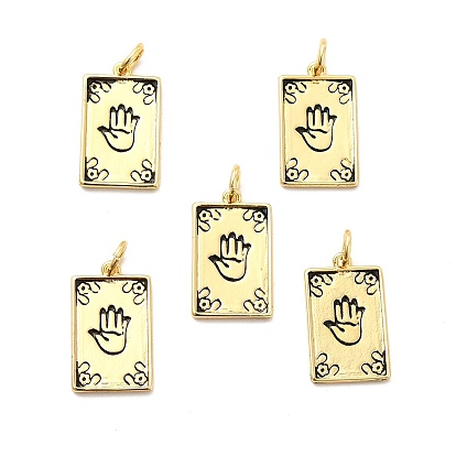 Rack Plating Brass Pendants, Long-Lasting Plated, with Jump Rings, Cadmium Free & Lead Free, Rectangle with Palm Pattern Charm