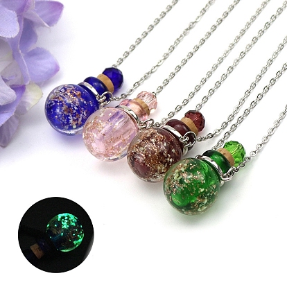 Luminous Glow in the Dark Lampwork Perfume Bottle Necklaces, with Titanium Steel Chains