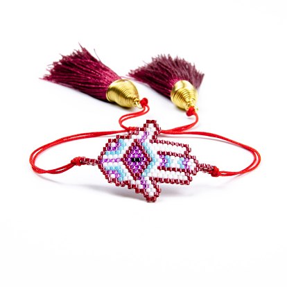 Glass Seed Braided Bead Bracelet with Double Tassel, Hamsa Hand with Evil Eye Protection Lucky Bracelet for Women
